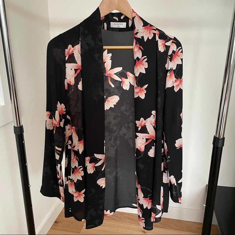 Aritzia Babaton Floral Silky Open Blazer, Black and Pink, Size XXS
